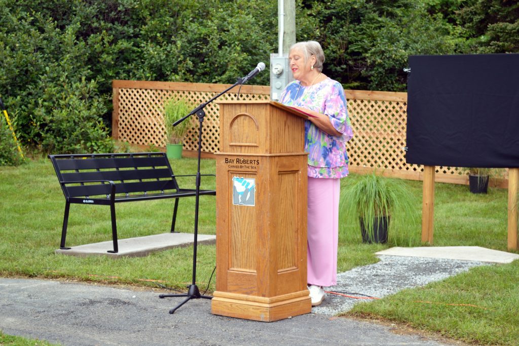 Ward Gosse's sister, Sonya Gosse, speaking at the Ward Gosse memorial storyboard unveiling. Local Journalism Initiative Reporter Olivia Bradbury Photo